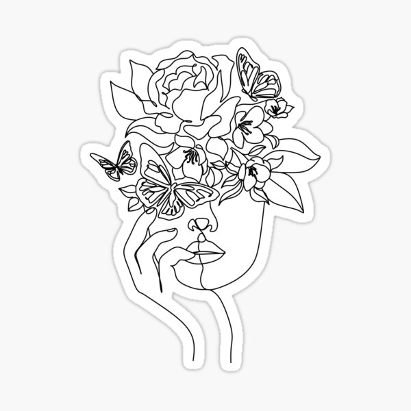 Flower in woman head. Vector line illustration. Line drawing. One line. Nature face. Nature cosmetics. Flower icon. Minimalist print. One Line Black White Drawing Artwork, Minimalist Couple Art, Minim Sticker