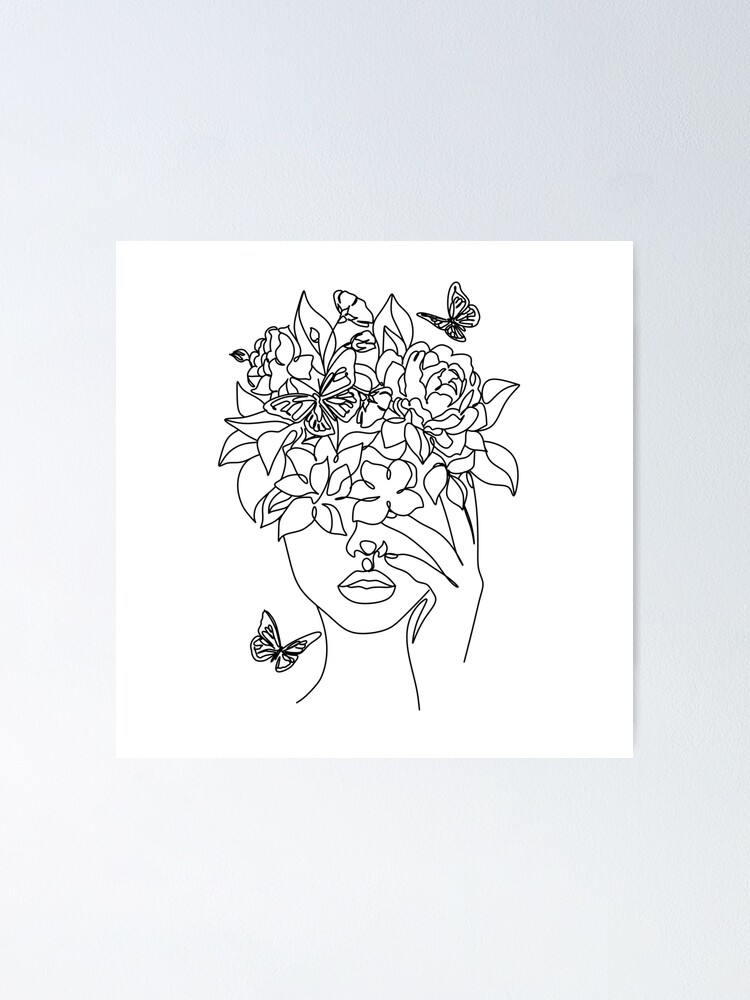 Digital Single Line Art Print Woman With Flowers Female Line Art Minimalist Wall Art Head