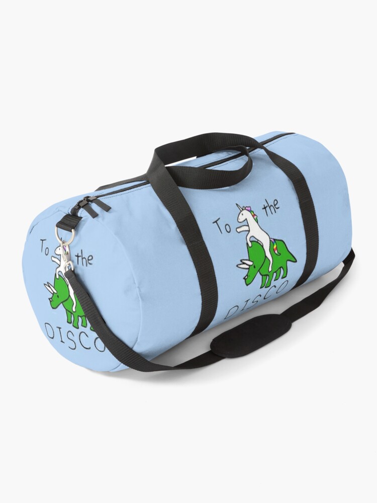 Thumbnail 1 of 3, Duffle Bag, To The Disco (Unicorn Riding Triceratops) designed and sold by jezkemp.