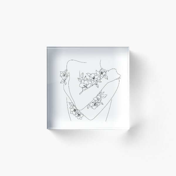Self love. woman hugs herself, flowers grow out Line Art Print. Woman With Flowers. Nude Line Art. Acrylic Block