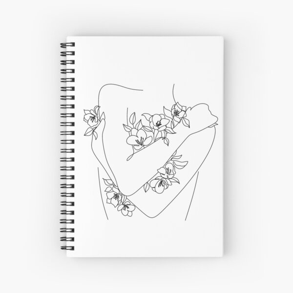 Self love. woman hugs herself, flowers grow out Line Art Print. Woman With Flowers. Nude Line Art. Spiral Notebook