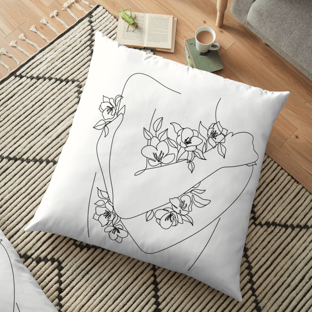 Download Self Love Woman Hugs Herself Flowers Grow Out Line Art Print Woman With Flowers Nude Line Art Floor Pillow By Onelineprint Redbubble