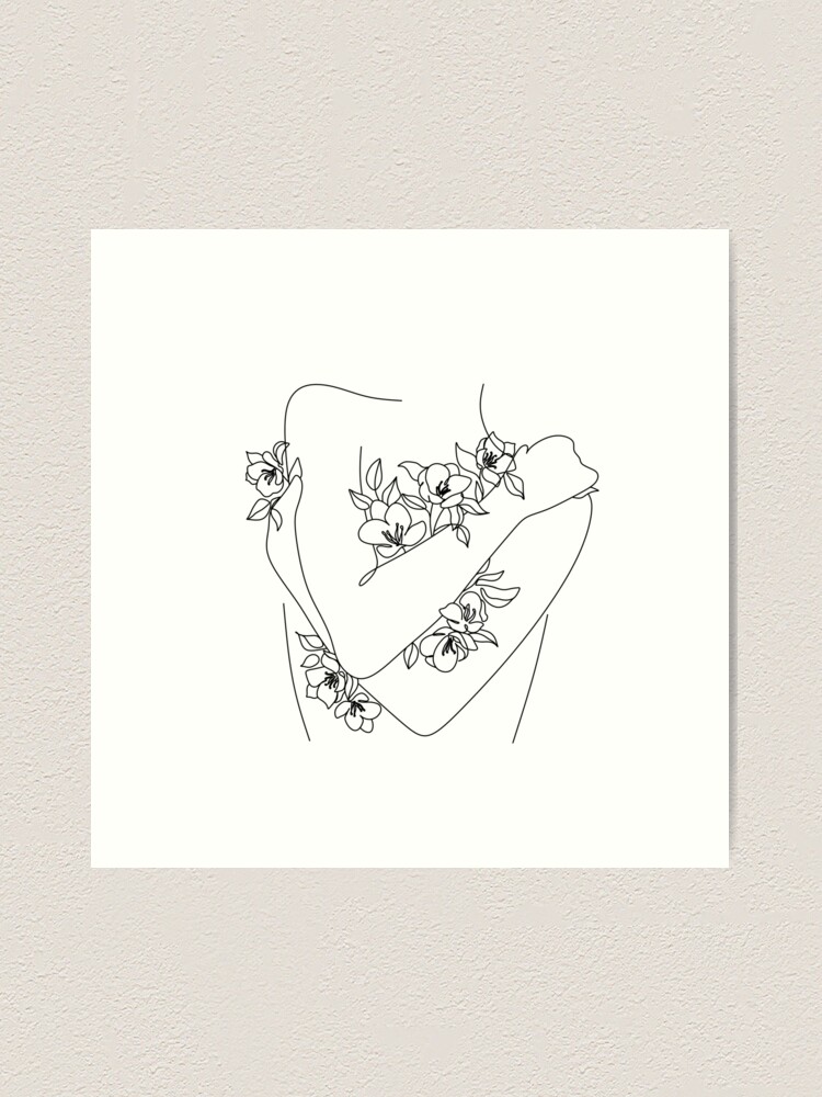 Alternate view of Self love. woman hugs herself, flowers grow out Line Art Print. Woman With Flowers. Nude Line Art. Art Print