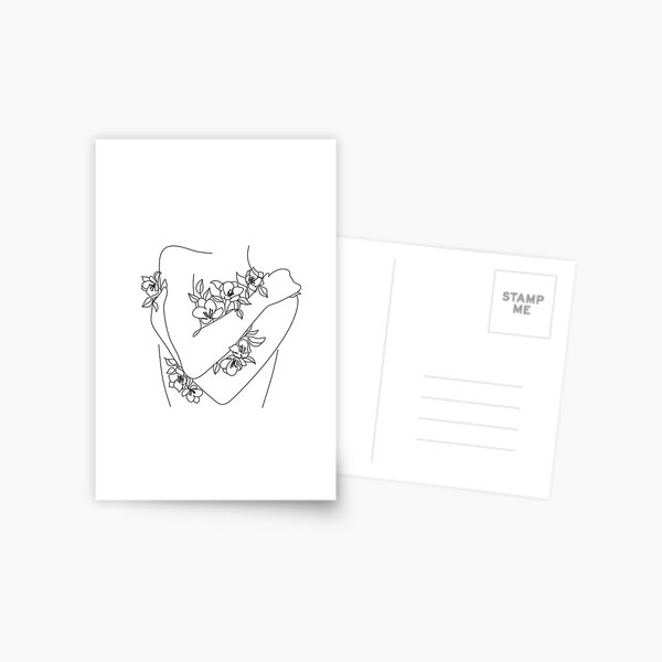 Self love. woman hugs herself, flowers grow out Line Art Print. Woman With Flowers. Nude Line Art. Postcard