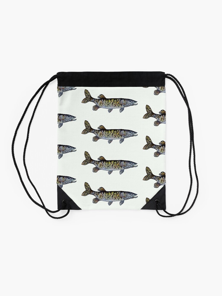 Alternate view of Musky Fish Illustration Off White Drawstring Bag