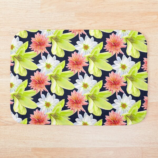 Item preview,  flores de coral y dalia blanca todo sobre un fondo azul marino. designed and sold by PoppyPod.