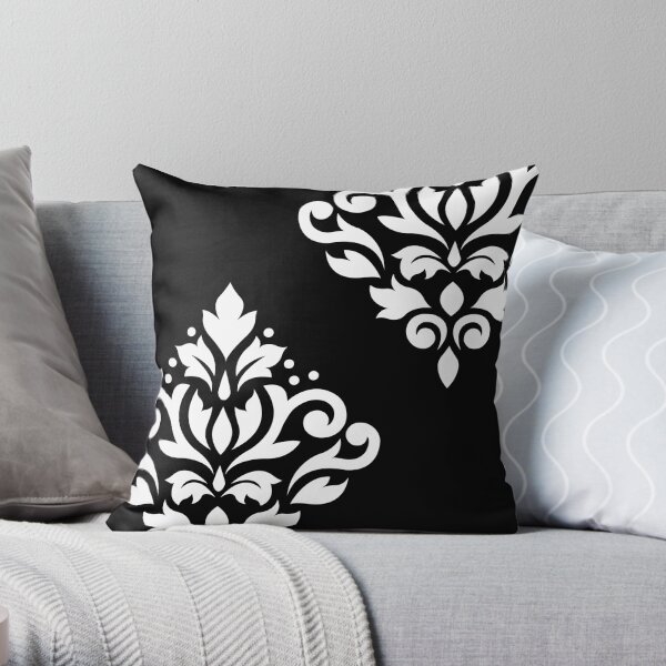 Scroll Damask Art I White on Black Throw Pillow