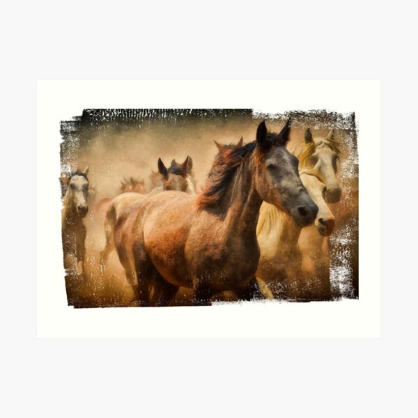 Galloping horses. Portrait. Colorful painting. Art Print
