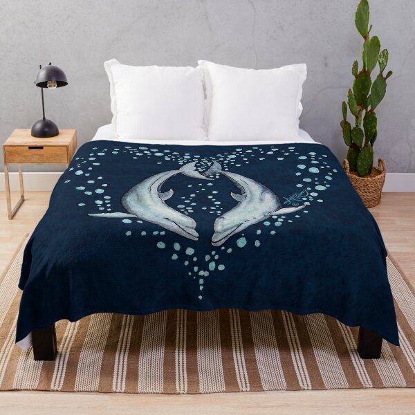 "Bubble Heart" Dolphins Watercolor Art by Amber Marine, (Navy Background Version) © 2020 Throw Blanket