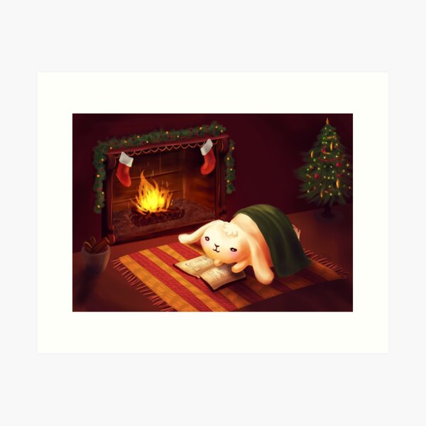 Chubby bunny by the fireplace Art Print