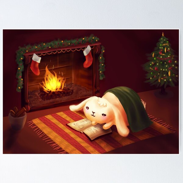 Chubby bunny by the fireplace Poster