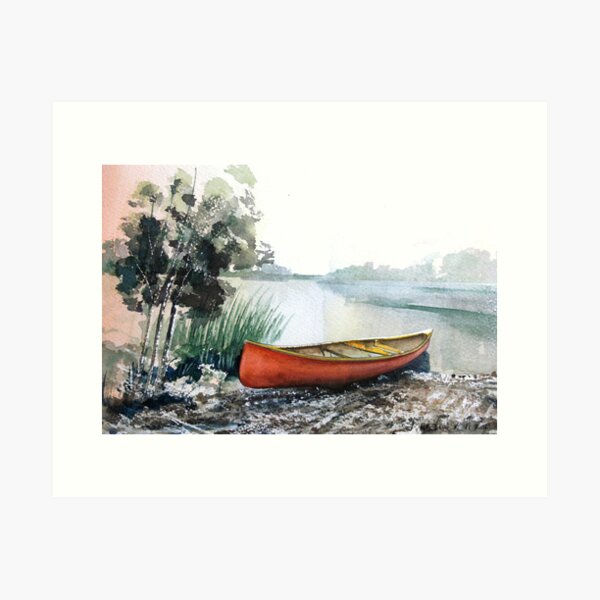 Hunting In Forest Near River Canoe Kayak Camping Painting Real Canvas Art Print