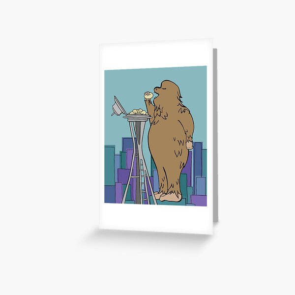 Bigfoot Eating Donuts at the Space Needle in Seattle Greeting Card