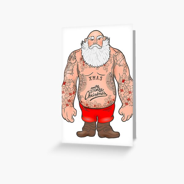 Brutal Santa Claus Bodybuilder, tattoos Greeting Card