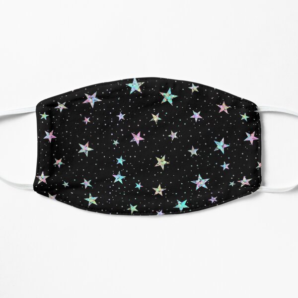 Arco iris holográfico iridiscente estrella confeti brillo patrón (negro) Mascarilla plana