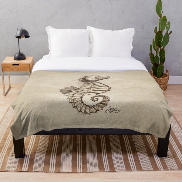 "Fantasy Seahorse" by Amber Marine~ vintage style ink illustration, © 2016 Throw Blanket