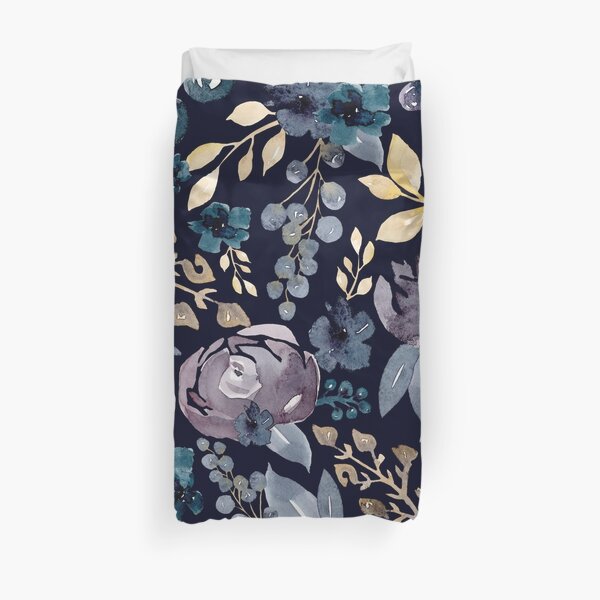 Watercolor Fall Florals + Berries On Navy Blue Duvet Cover