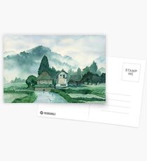 Japanese Village , After Rain , Art Watercolor Painting print by Suisai Genki Postcards