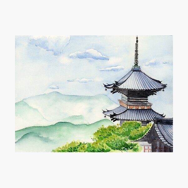 Japanese Temple, Kyoto , Kiyomizudera , Art Watercolor Painting print by Suisai Genki Photographic Print