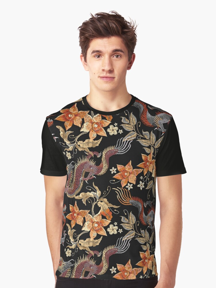 Dragon in Flowers Embroidery T-shirt – Koisea