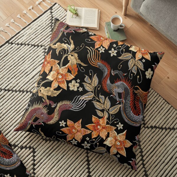 Dragons and flowers Floor Pillow