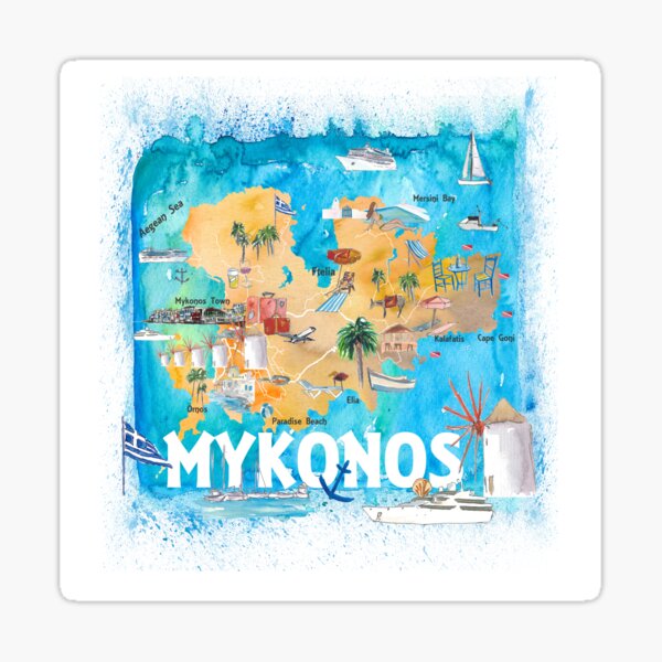 Item preview, Mykonos Greece Illustrated Map with Main Roads Landmarks and Highlights designed and sold by artshop77.