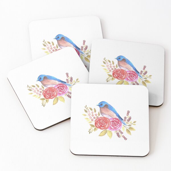 Item preview, Eastern bluebird or Sialia sialis bird on red roses and leaves watercolor designed and sold by Shawlin Islam.