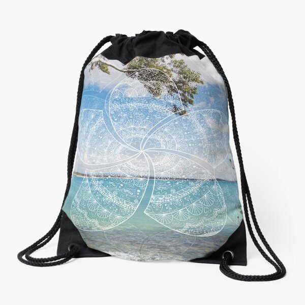 white frangipani mandala on noosa beach Drawstring Bag