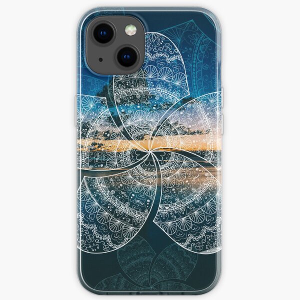 white fraginapani mandala on Noosa river sunset iPhone Soft Case