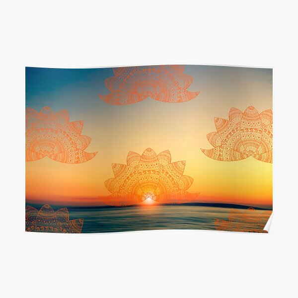 Orange-golden lotus doodle mandala on blurred sunset with sun flare Poster