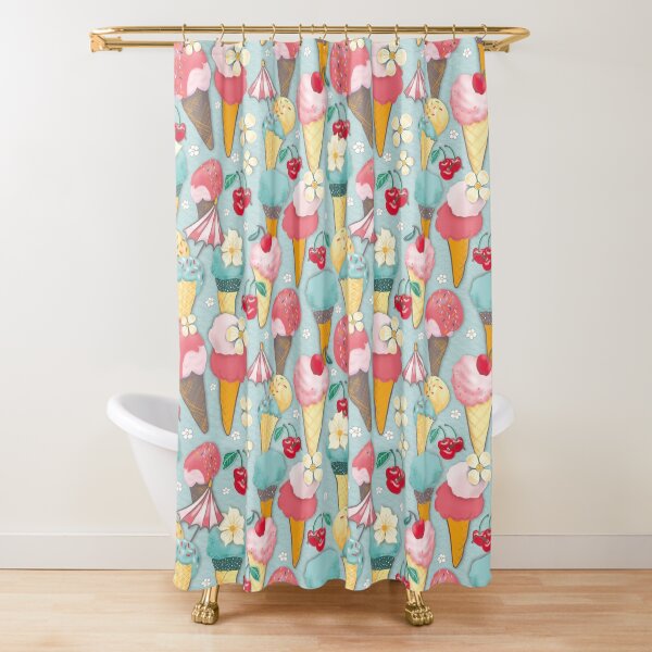 Ice cream waffles and cherries on light blue Shower Curtain