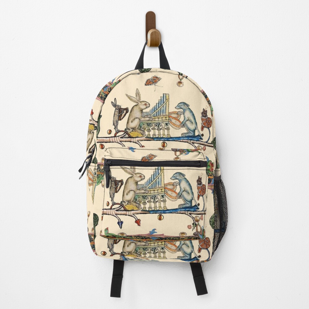 WEIRD MEDIEVAL BESTIARY MAKING MUSIC,White Rabbit And Dog Playing Organ, Harpist Hare, Snail Cat Backpack