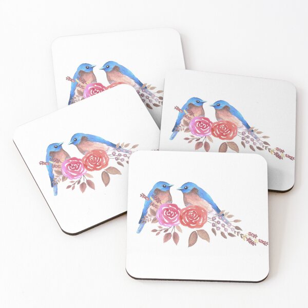 Item preview, Eastern bluebird or Sialia sialis couple on red roses watercolor artwork designed and sold by Shawlin Islam.
