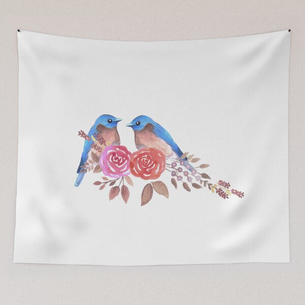 Item preview, Eastern bluebird or Sialia sialis couple on red roses watercolor artwork designed and sold by Shawlin Islam.