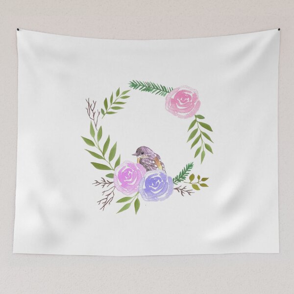 Item preview, A yellow robin in a rose flower wreath designed and sold by Shawlin Islam.