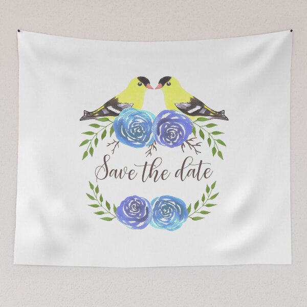 Item preview, Save the date American goldfinches on rose twigs designed and sold by Shawlin Islam.