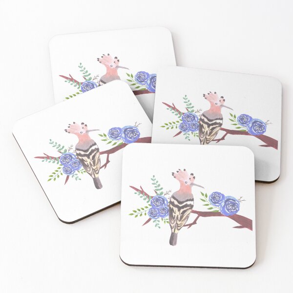 Item preview, Hoopoe bird on a floral branch with blue roses and leaves watercolor painting designed and sold by Shawlin Islam.