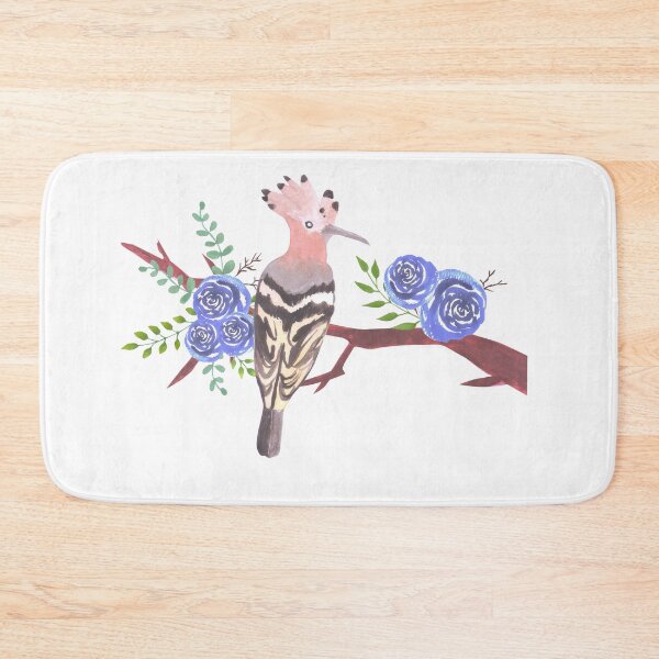 Item preview, Hoopoe bird on a floral branch with blue roses and leaves watercolor painting designed and sold by Shawlin Islam.