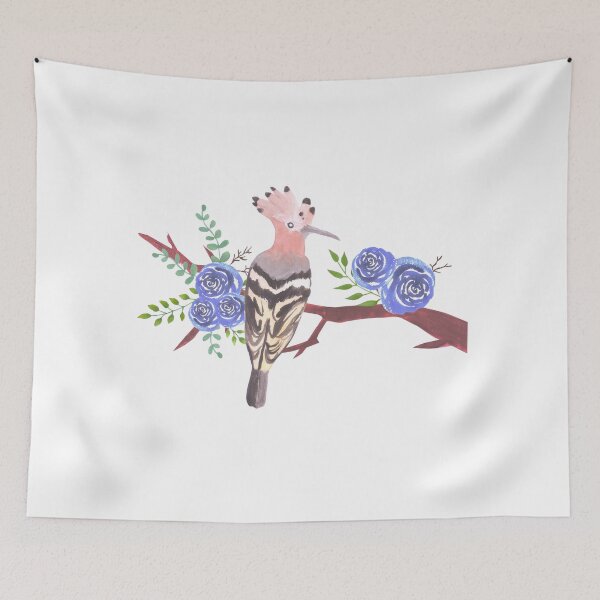 Item preview, Hoopoe bird on a floral branch with blue roses and leaves watercolor painting designed and sold by Shawlin Islam.