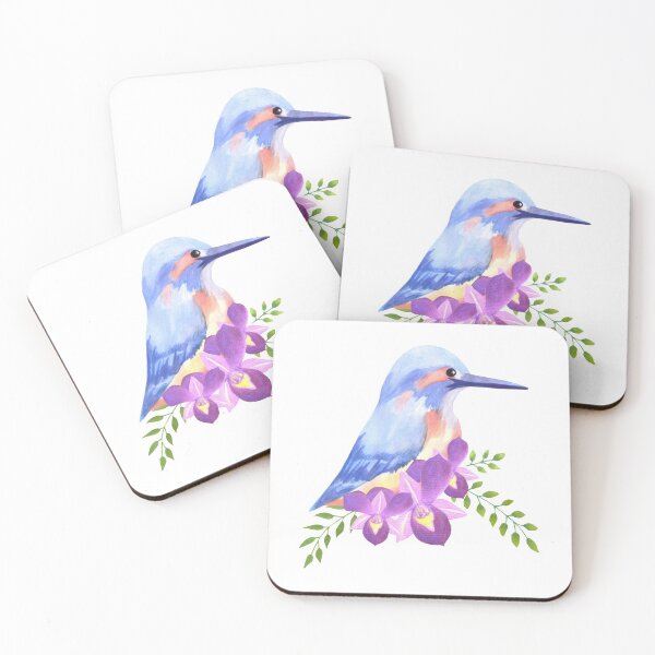 Item preview, Purple orchids and common kingfisher on roses perennial flowering plant watercolor painting designed and sold by Shawlin Islam.