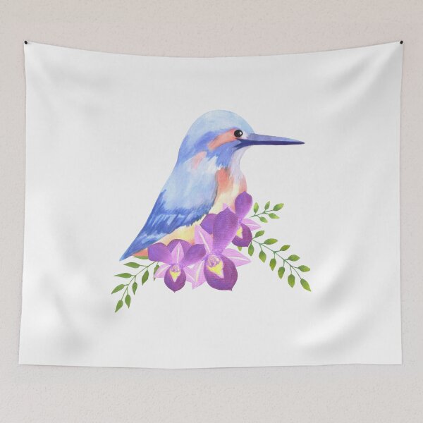 Item preview, Purple orchids and common kingfisher on roses perennial flowering plant watercolor painting designed and sold by Shawlin Islam.