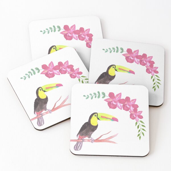 Item preview, Keel billed Toucan bird or Ramphastidae sulfuratus watercolor birds and orchid flowers designed and sold by Shawlin Islam.