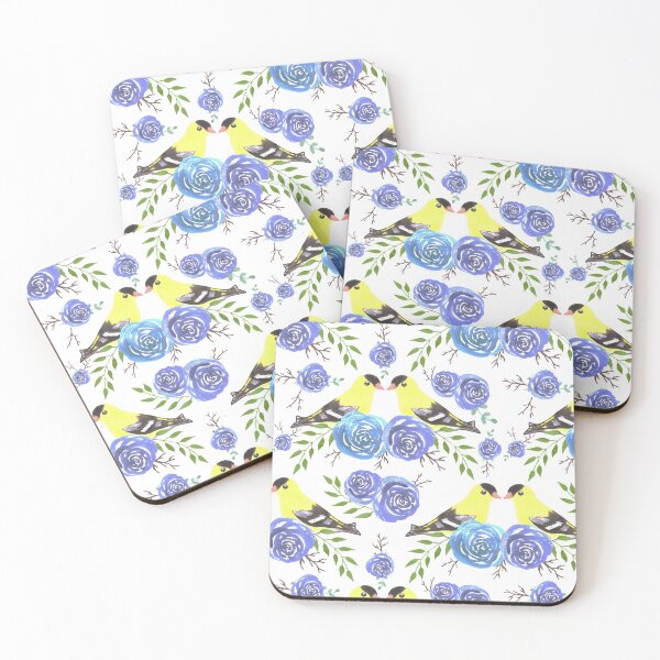 Item preview, American goldfinches on rose twigs- seamless flowers and yellow birds designed and sold by Shawlin Islam.
