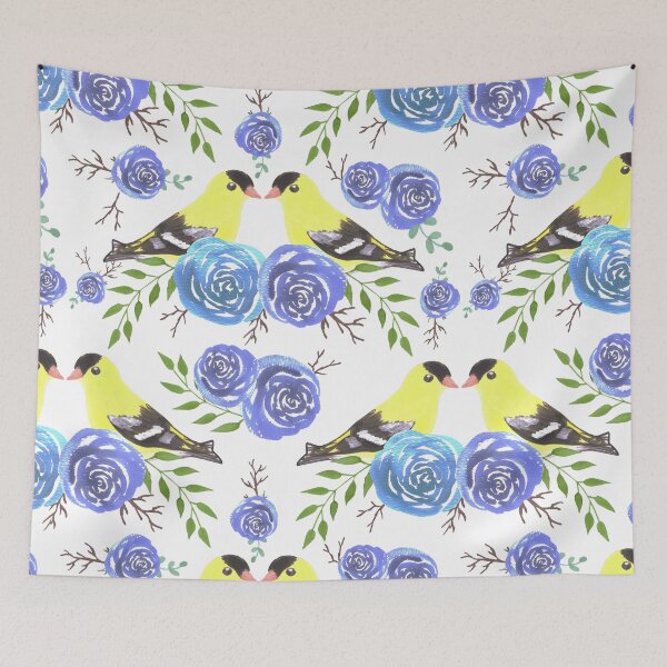 Item preview, American goldfinches on rose twigs- seamless flowers and yellow birds designed and sold by Shawlin Islam.
