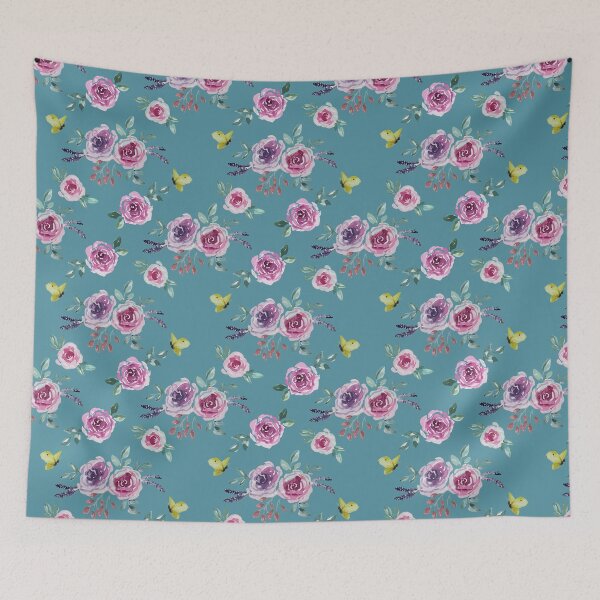 Item preview, pink roses and yellow butterflies on blue background designed and sold by Christiane Zielinski.