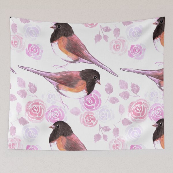 Item preview, Dark eyed Juncos and pink roses bird seamless watercolor birds painting  designed and sold by Shawlin Islam.