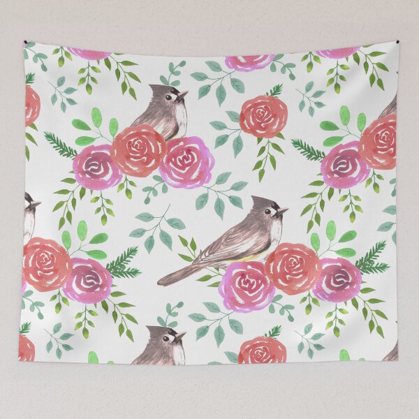 Item preview, Tufted titmouse or Baeolophus bicolor bird on red and pink roses seamless watercolor birds painting designed and sold by Shawlin Islam.