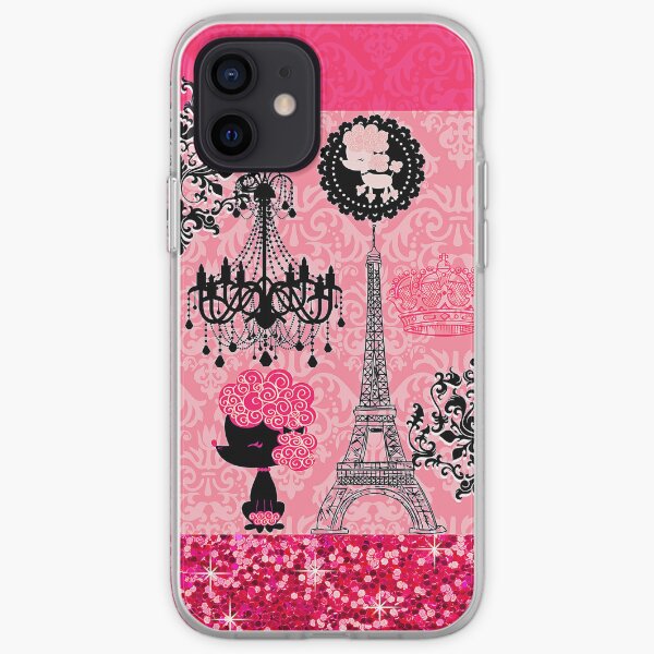 French Girly Eiffel Tower, Poodle & Damask Elegant iPhone Soft Case