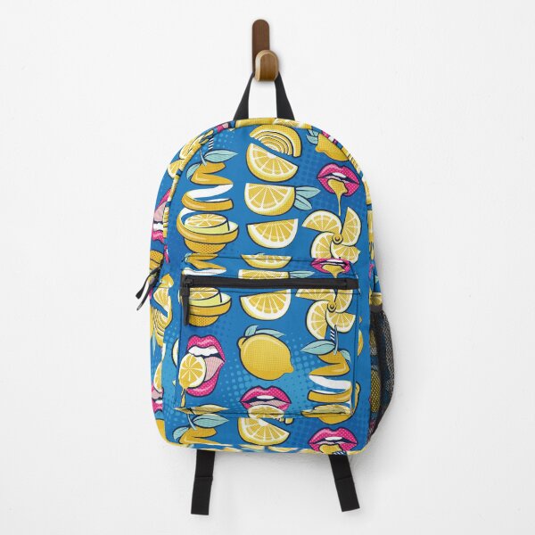 Item preview, Pop art citrus addiction // denim blue background fuchsia pink lips yellow lemons and citrus fruits designed and sold by SelmaCardoso.