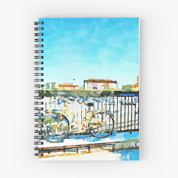 Item preview, Yellow bicycle leaning against the railing and city skyline designed and sold by Giuseppe Cocco.